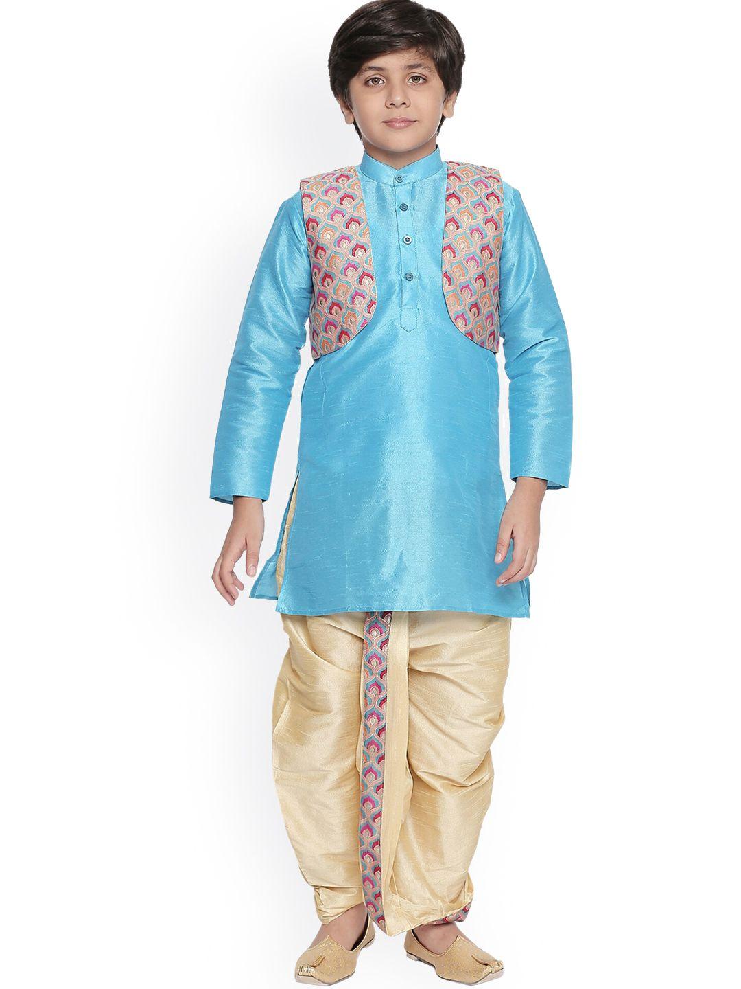 jeetethnics boys blue & cream solid kurta with dhoti pants & waist coat