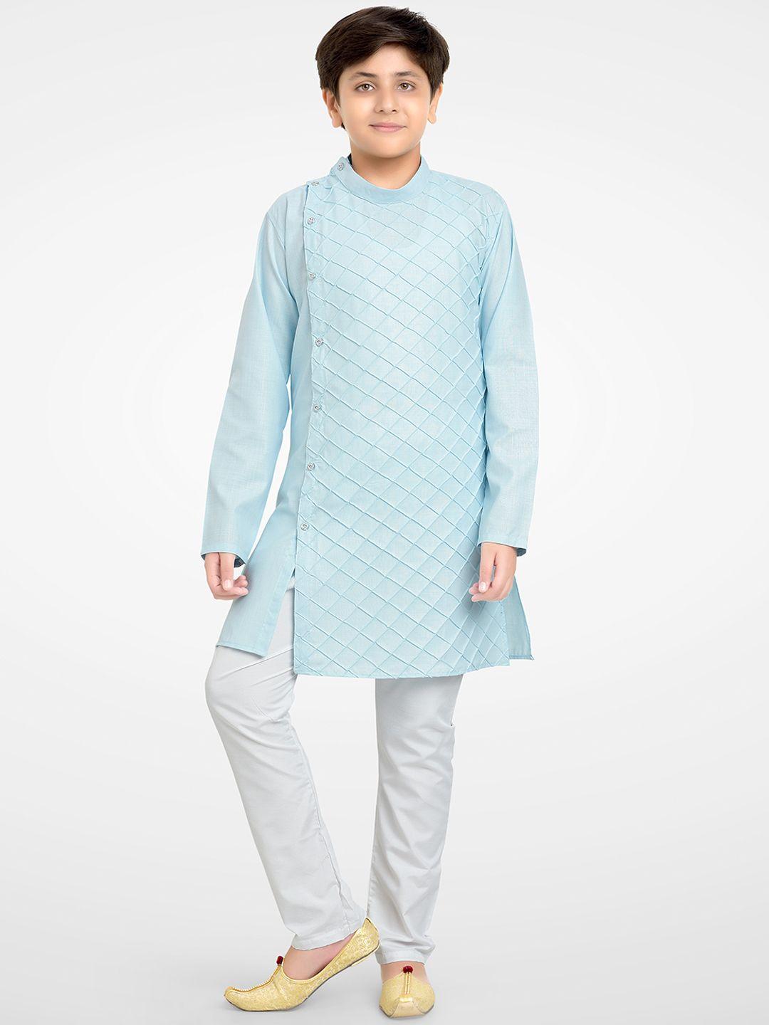 jeetethnics boys blue & white self design angrakha cotton blend kurta set
