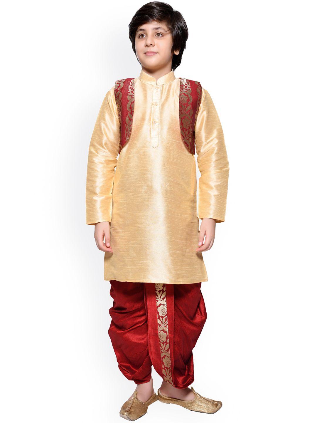 jeetethnics boys cream-coloured & maroon solid kurta with dhoti pants and jacket