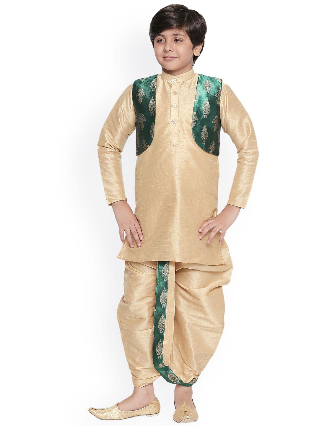jeetethnics boys cream-coloured self design kurta set with jacket