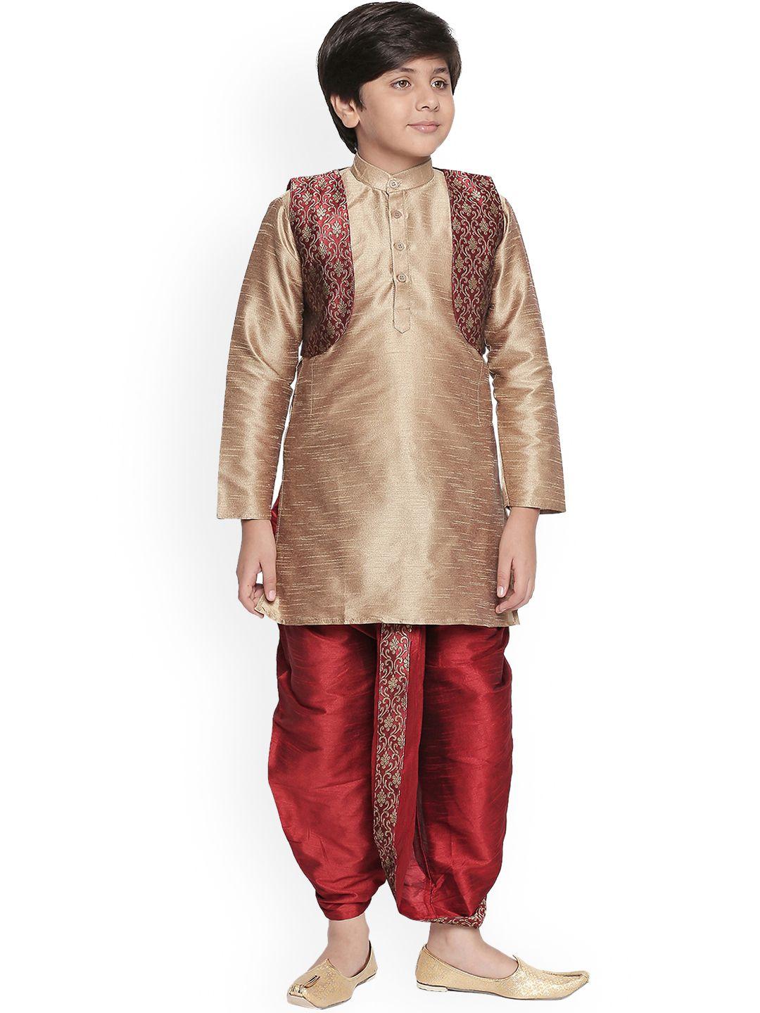 jeetethnics boys gold-toned & red self design kurta set with jacket