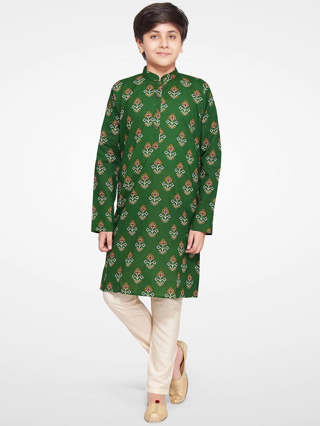 jeetethnics boys green & cream ethnic motifs printed kurta with pyjamas