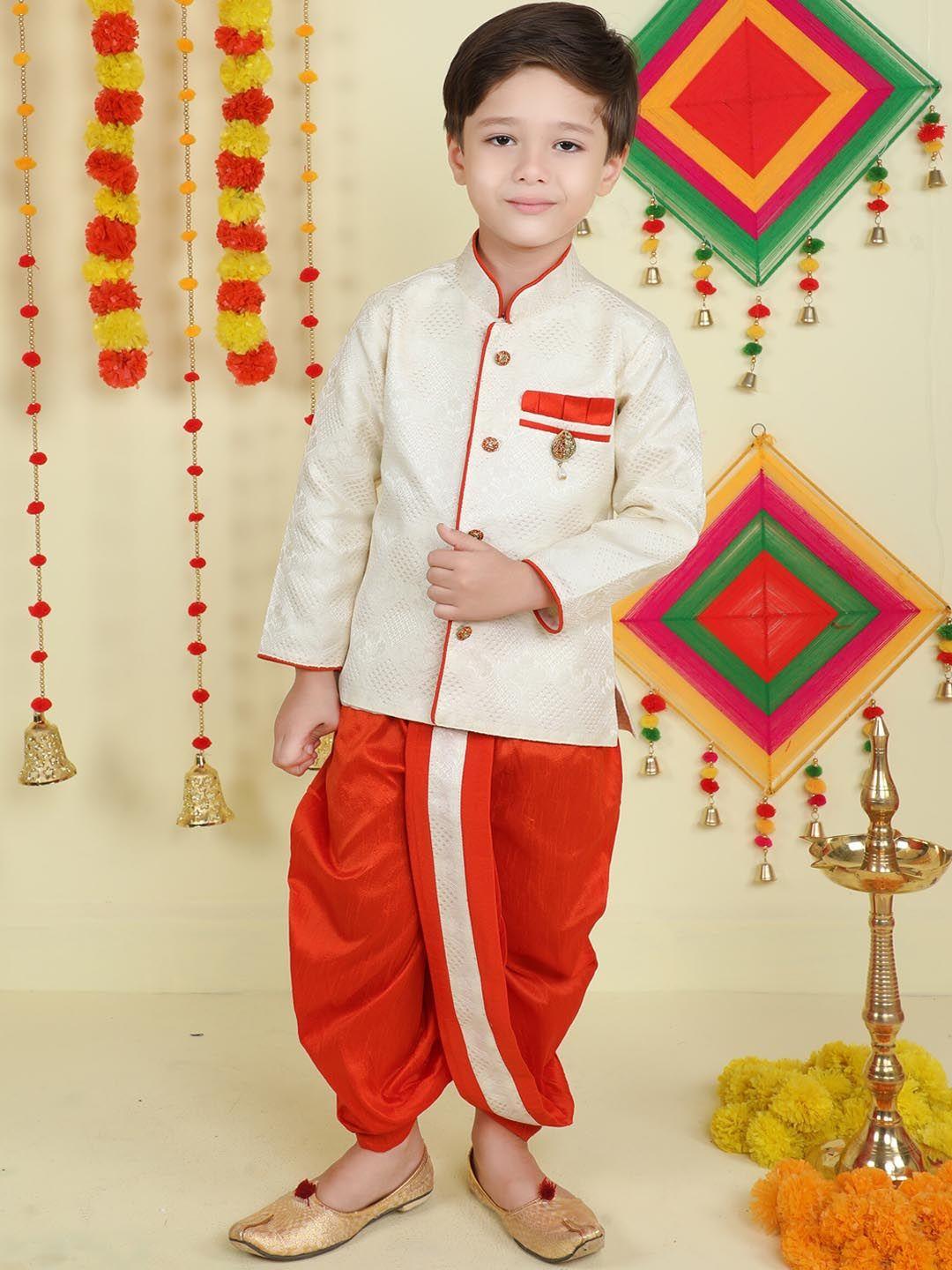 jeetethnics boys mandarin collar geometeric woven design kurta with dhoti pants