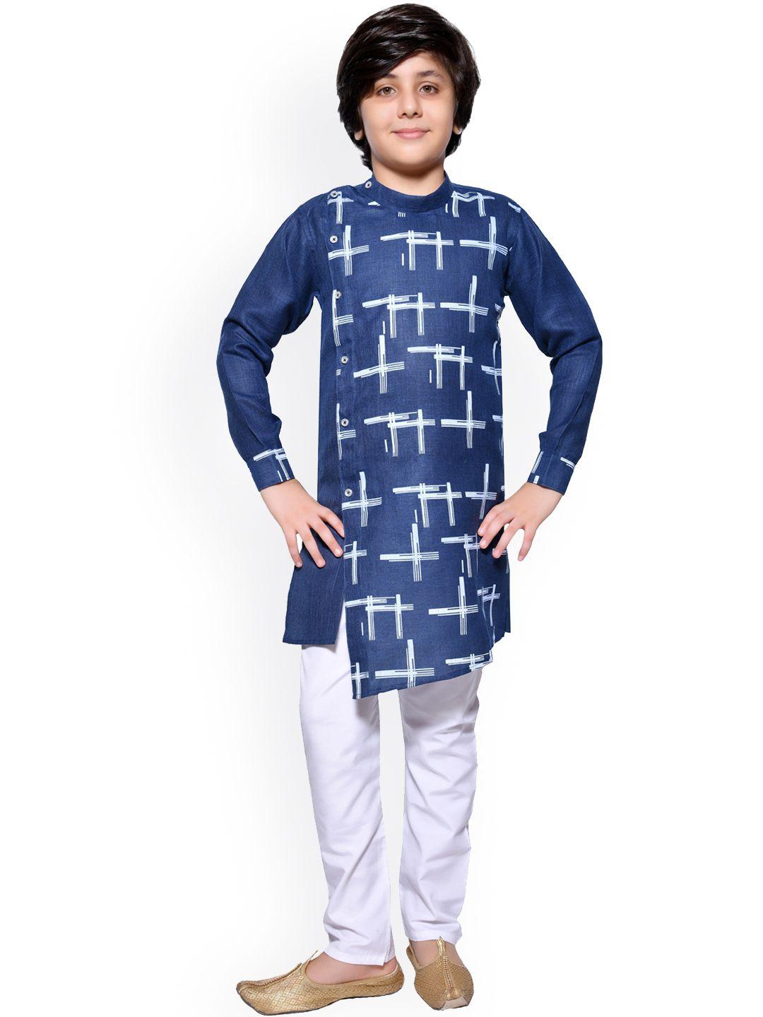 jeetethnics boys navy blue & white printed kurta with pyjamas