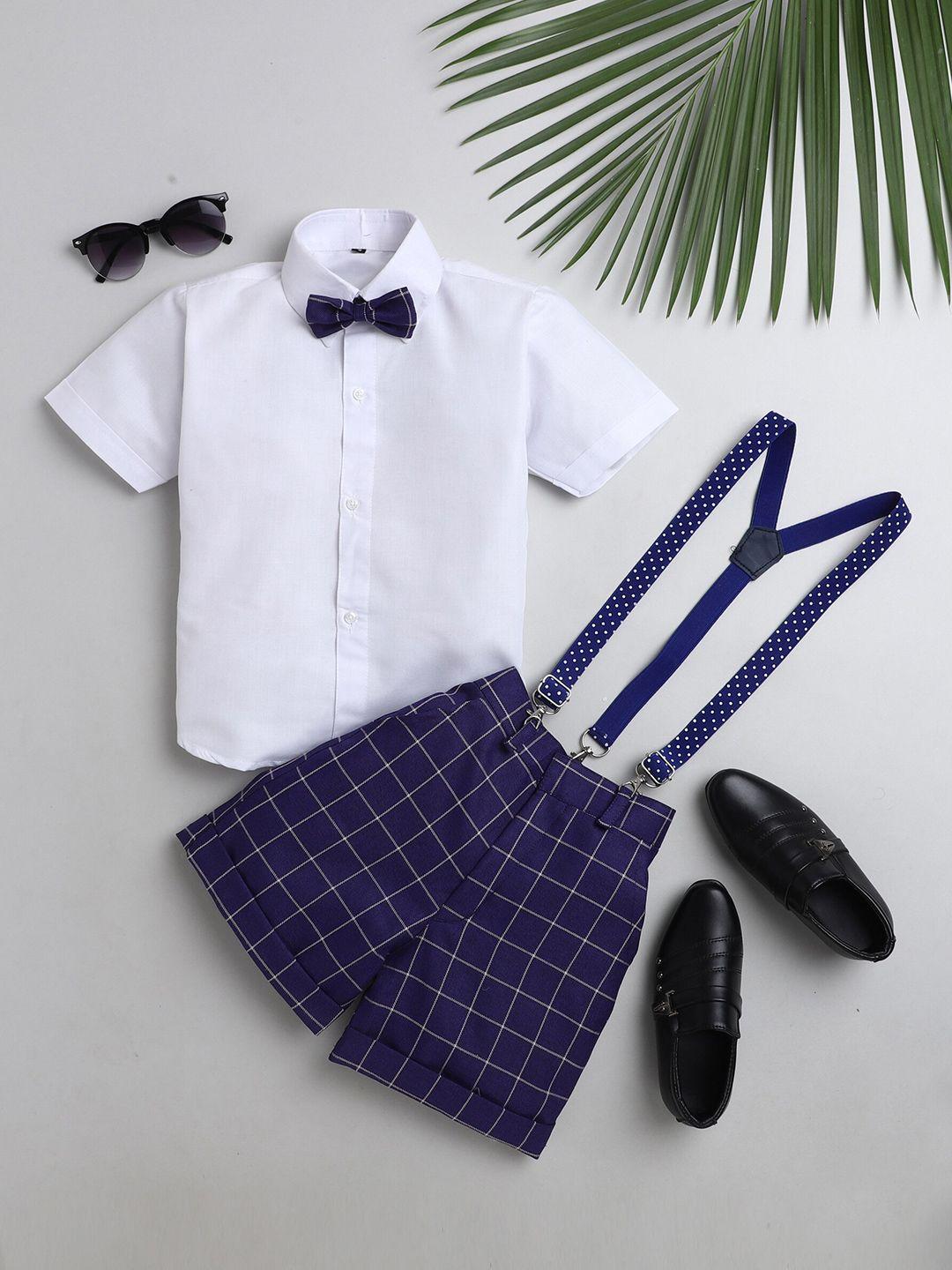 jeetethnics boys navy blue & white shirt & shorts with suspenders