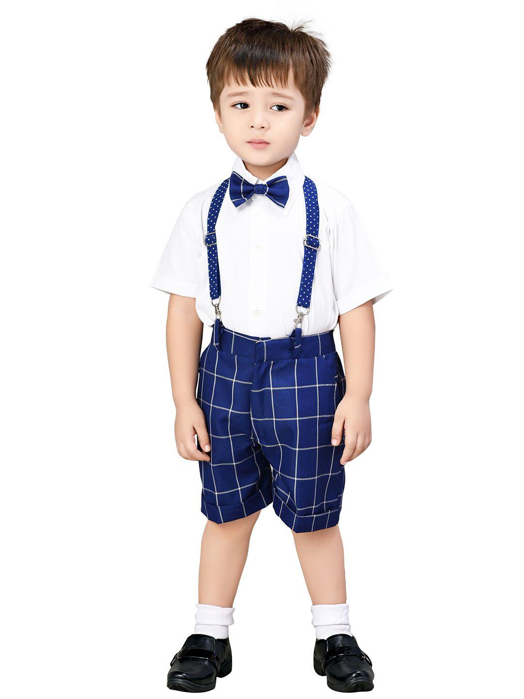 jeetethnics boys navy blue & white shirt with checked shorts with suspender & bow set