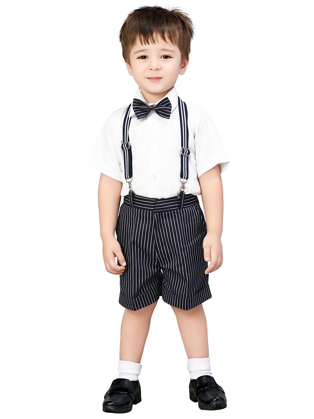 jeetethnics boys navy blue & white shirt with stripes shorts with bow & suspenders set