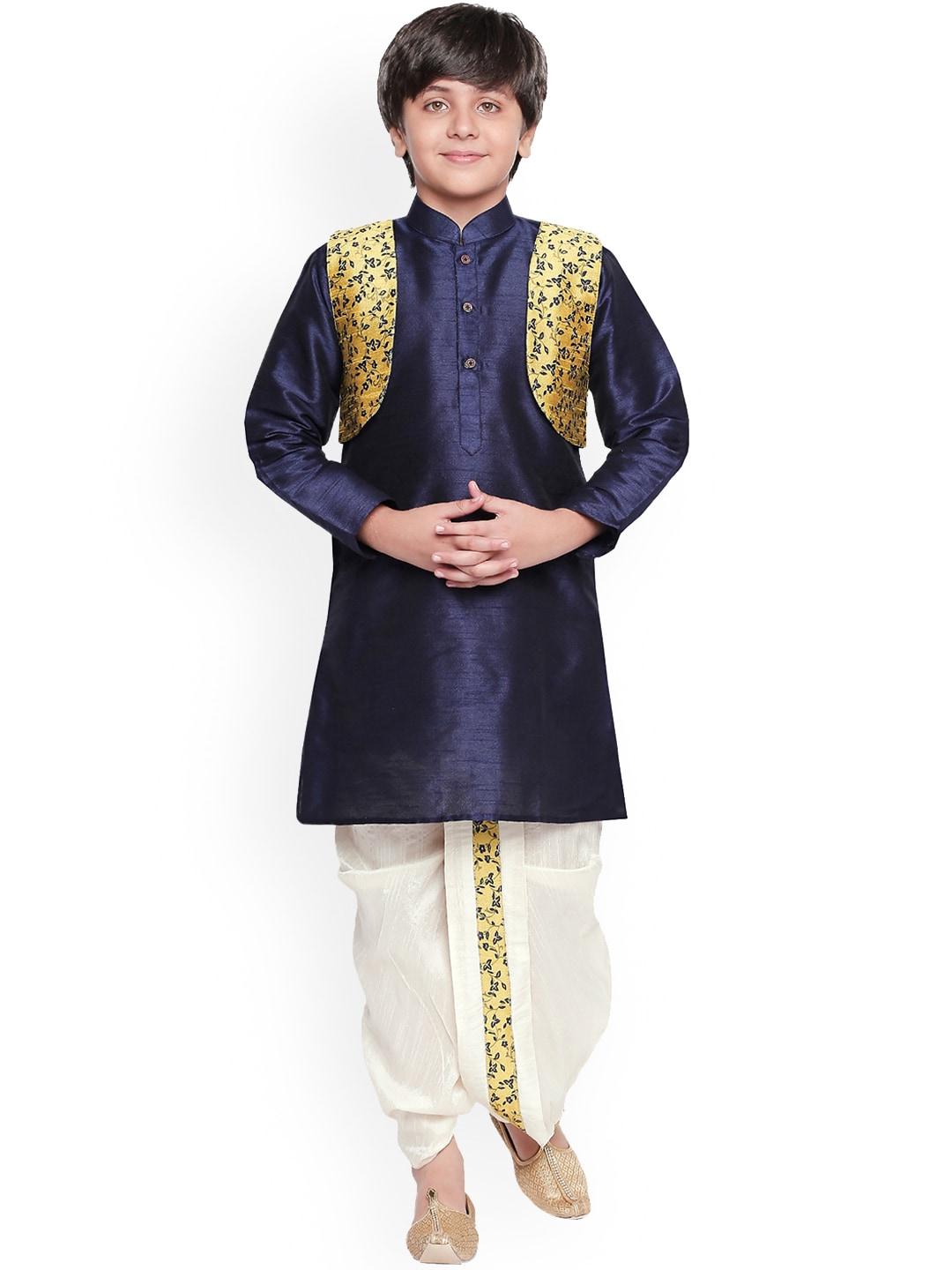 jeetethnics boys navy blue & white solid kurta with dhoti pants