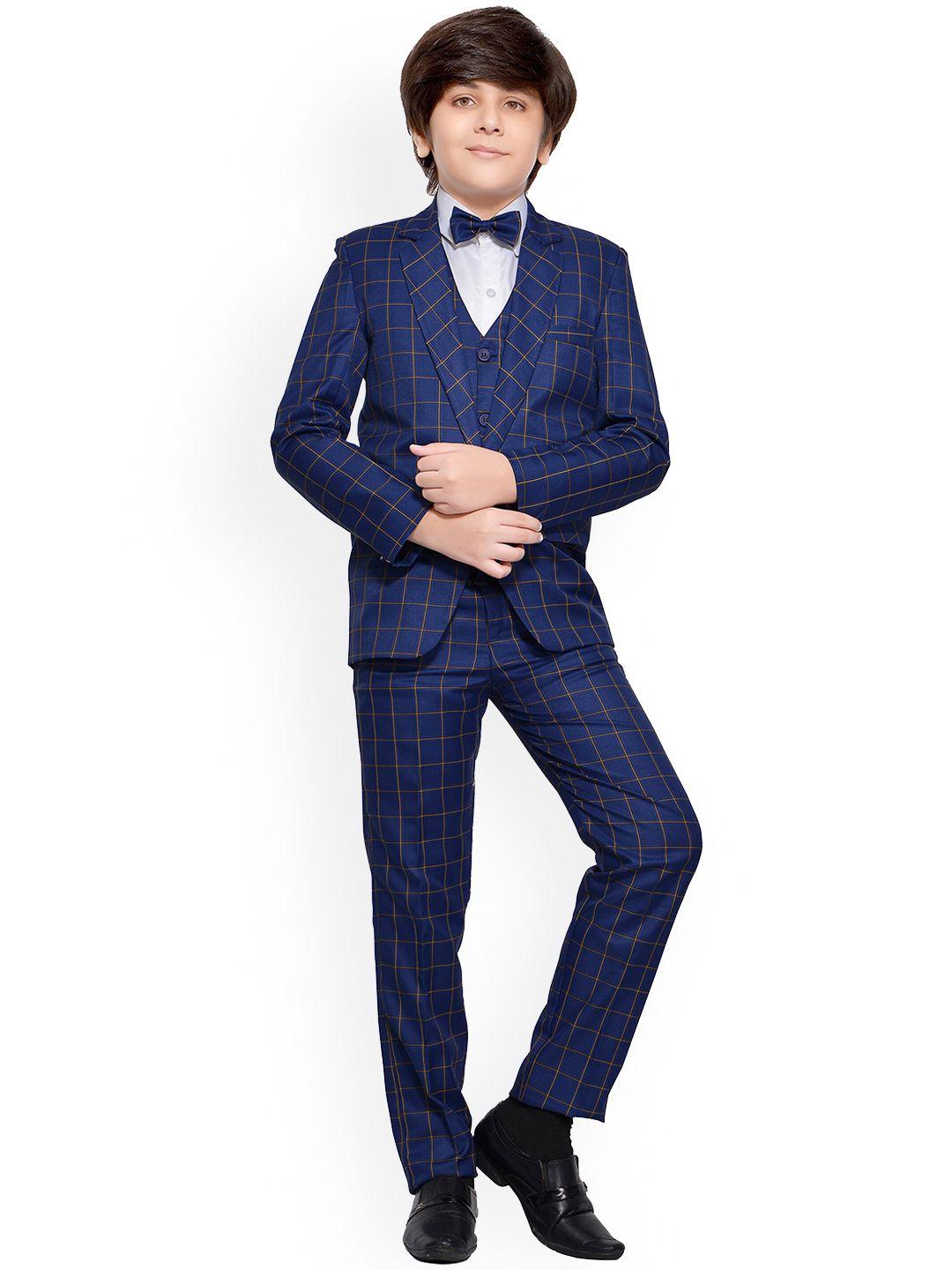 jeetethnics boys navy blue checked 4-piece single-breasted suit