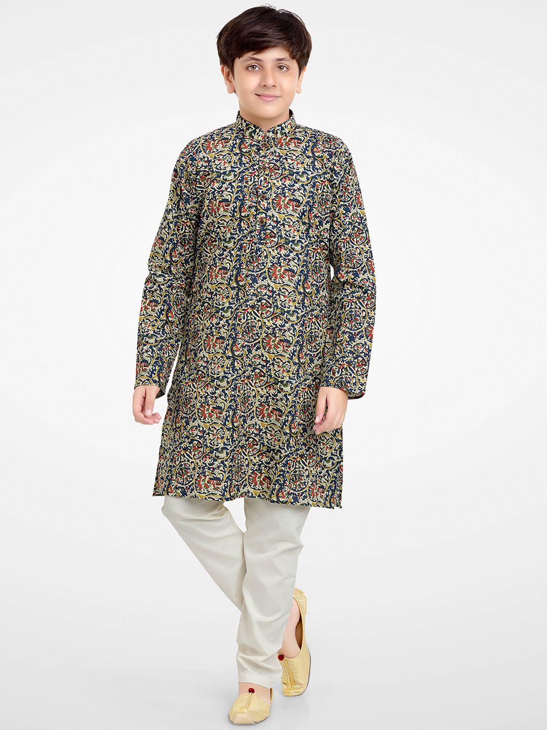 jeetethnics boys navy blue floral printed kurta with pyjamas