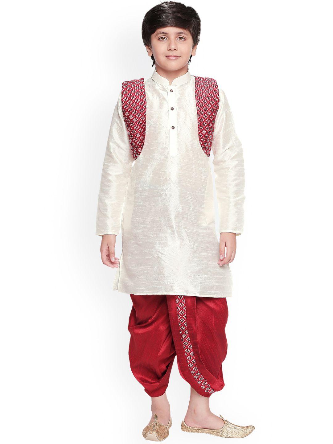jeetethnics boys off-white & maroon self design kurta set with jacket