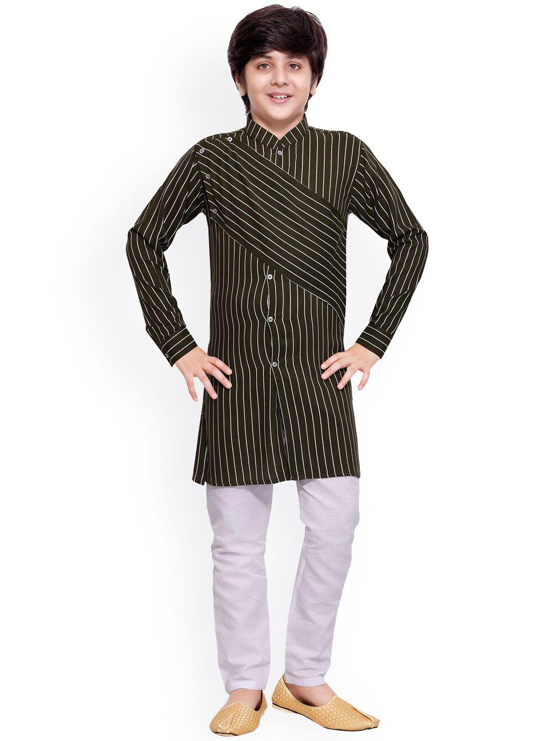 jeetethnics boys olive green & white striped kurta with pyjamas