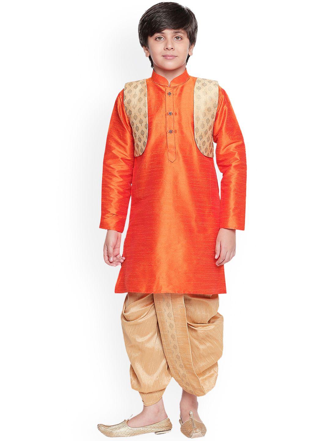 jeetethnics boys orange & gold-toned solid kurta with dhoti pants