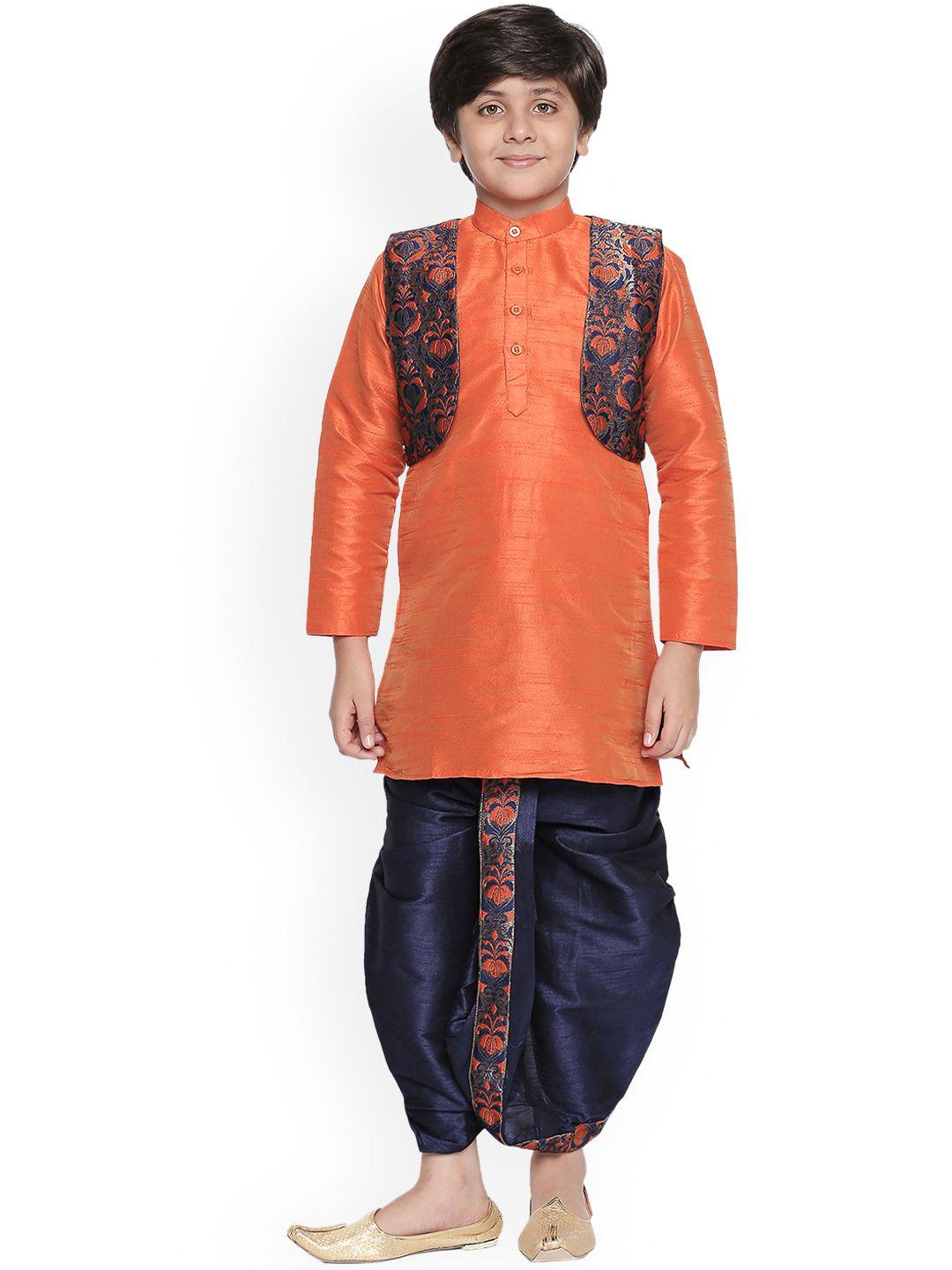 jeetethnics boys orange & navy blue self design kurta set with jacket