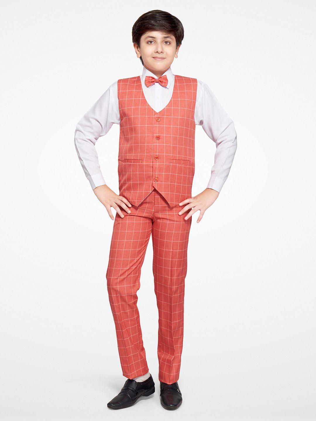 jeetethnics boys peach-coloured checked shirt with trousers & waistcoat