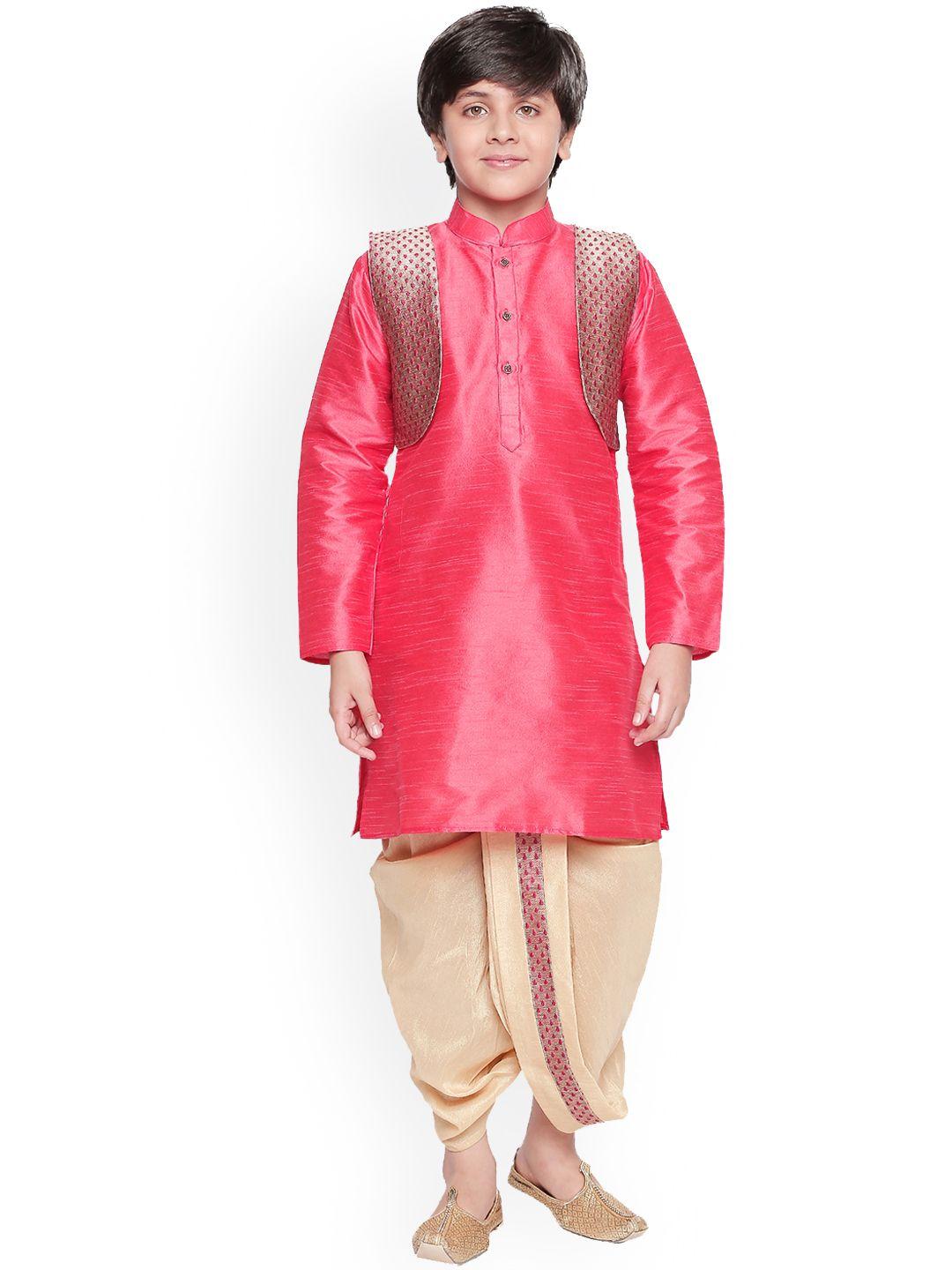 jeetethnics boys pink & gold-toned self design kurta set with jacket