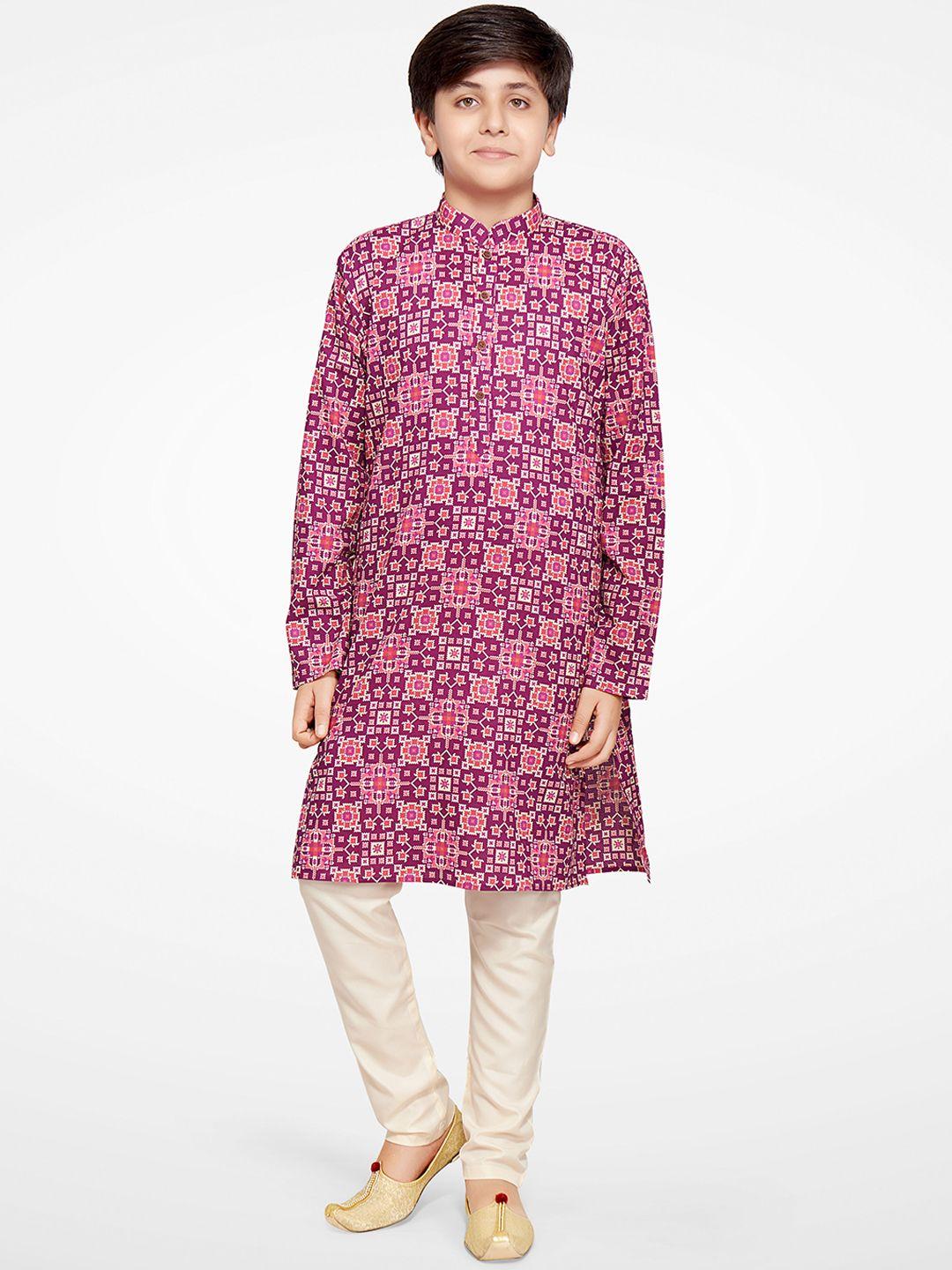 jeetethnics boys purple & cream ethnic motifs printed kurta with churidar