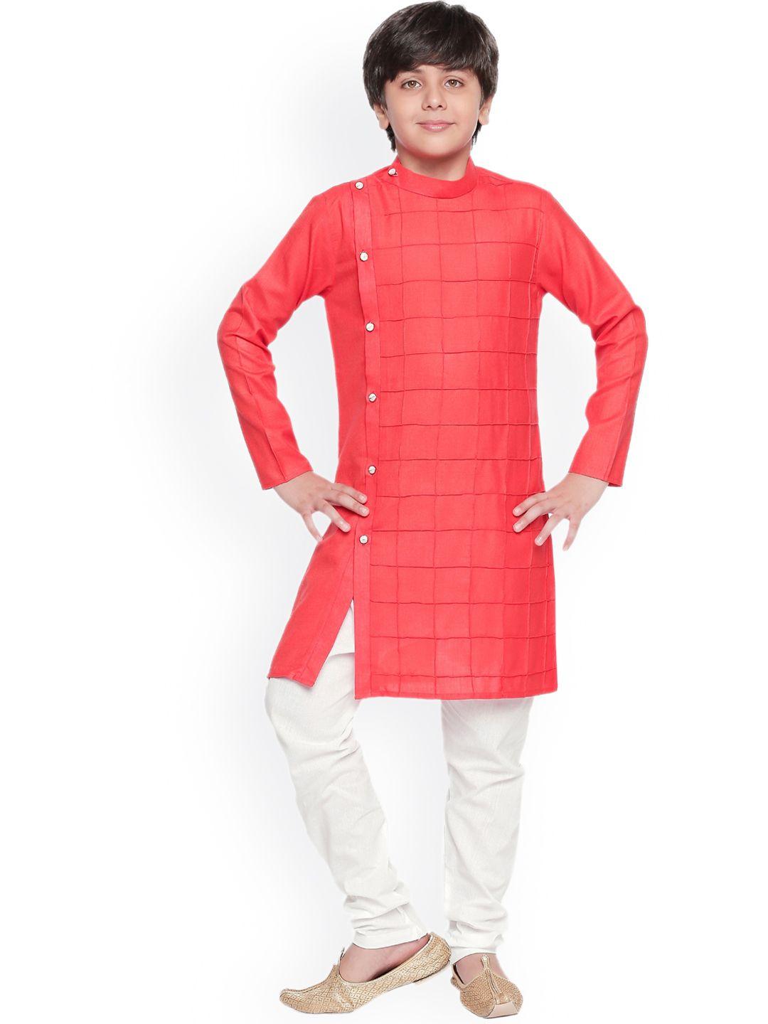 jeetethnics boys red & white cotton silk kurta with pyjamas