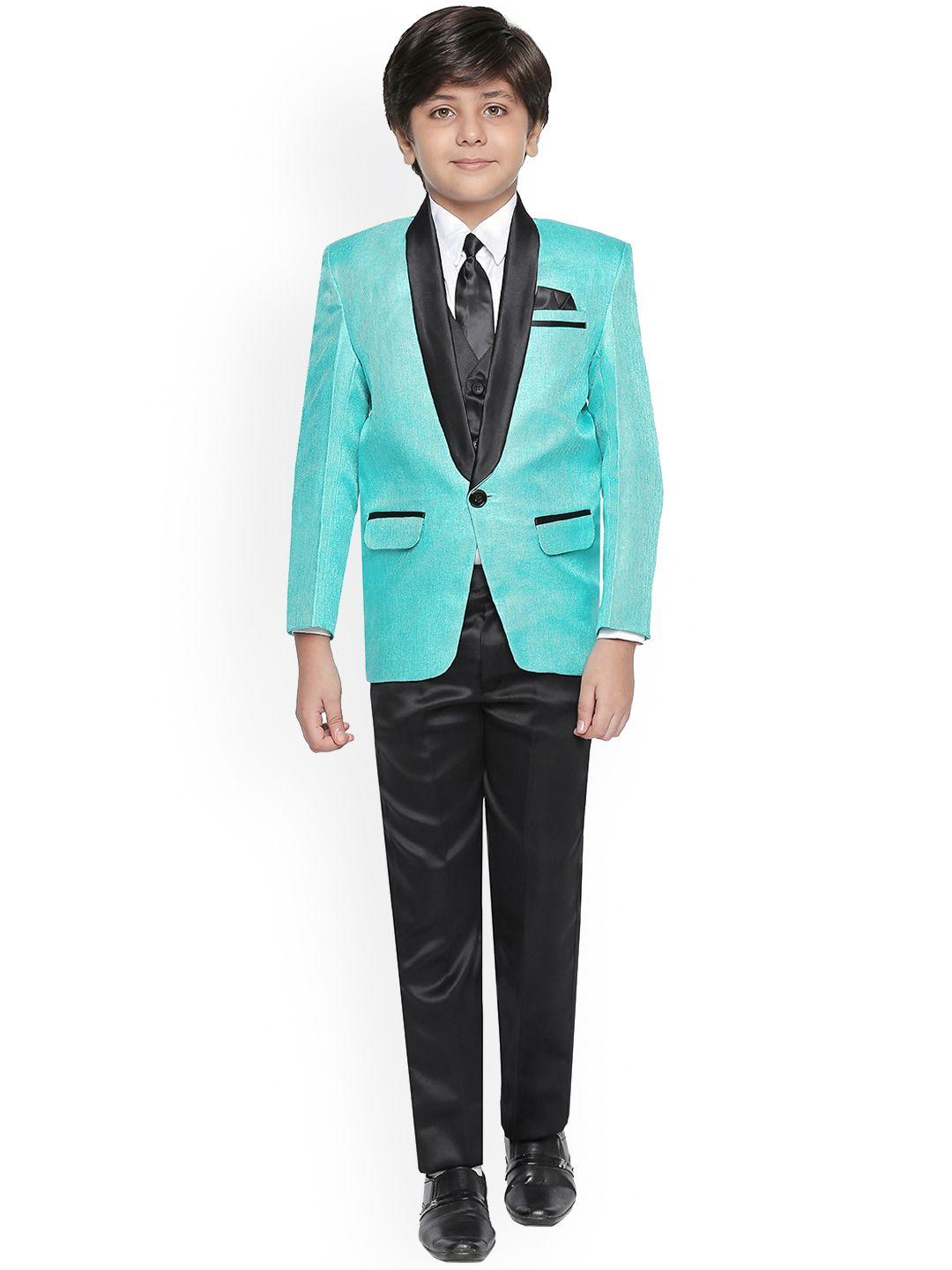 jeetethnics boys turquoise blue & black solid coat with trousers