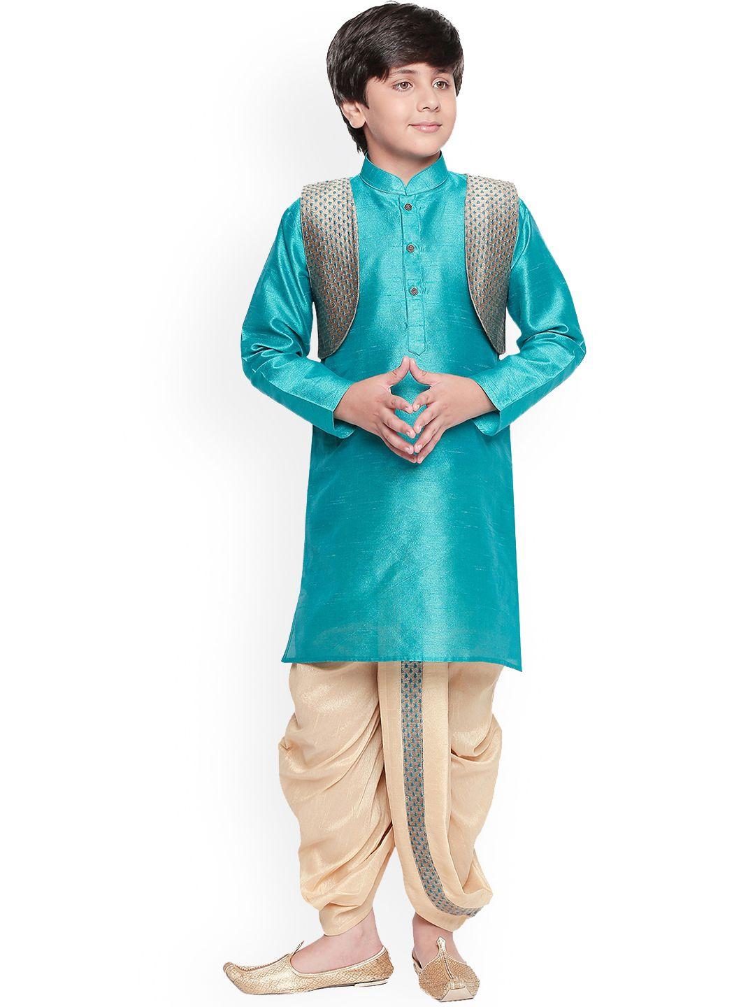jeetethnics boys turquoise blue & gold-toned self design kurta set with jacket