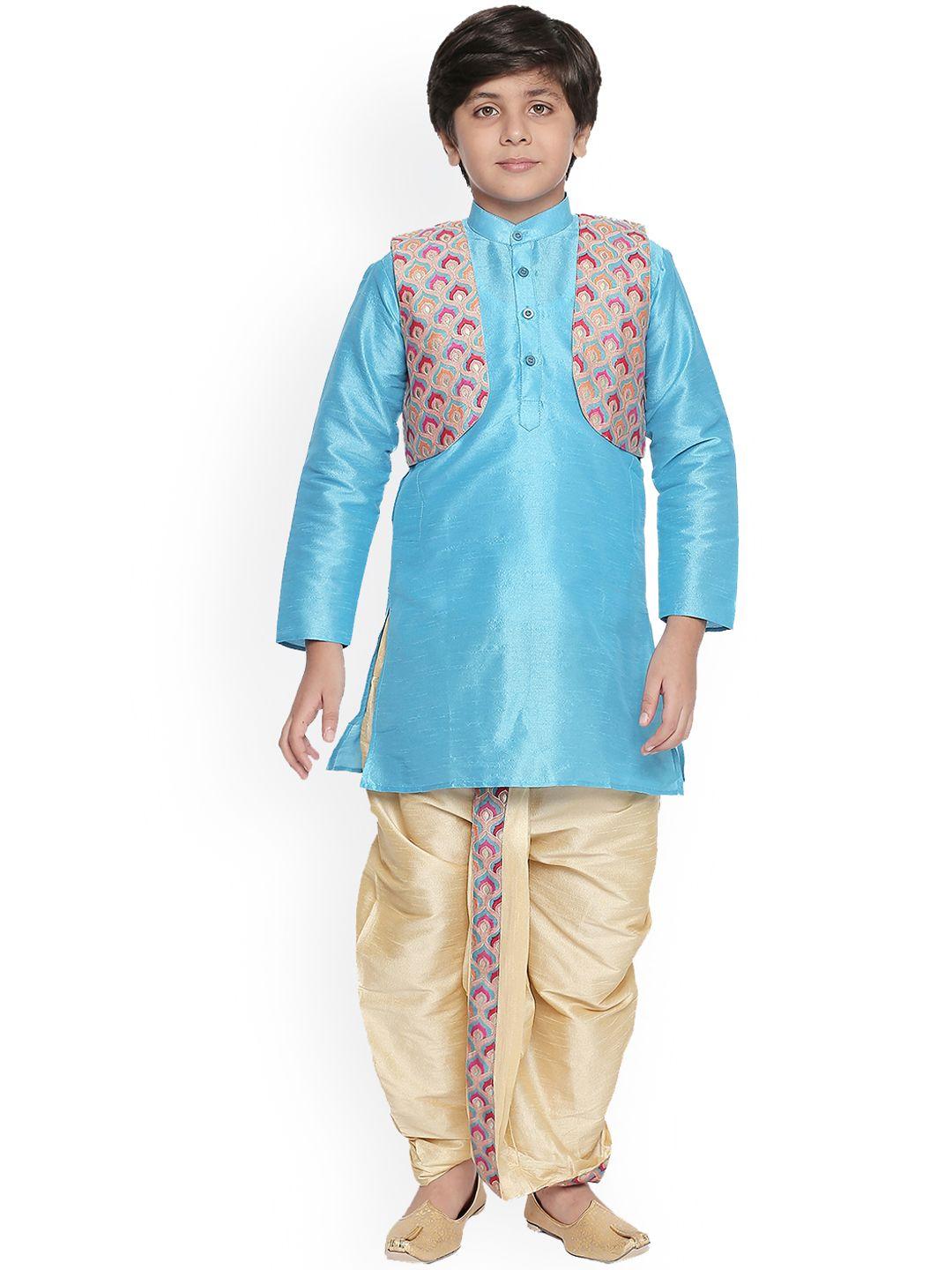 jeetethnics boys turquoise blue & gold-toned self design kurta set with jacket