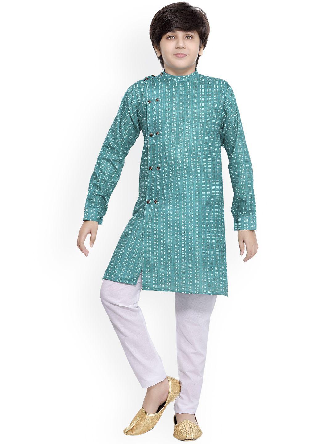 jeetethnics boys turquoise blue & white printed angrakha kurta with pyjamas