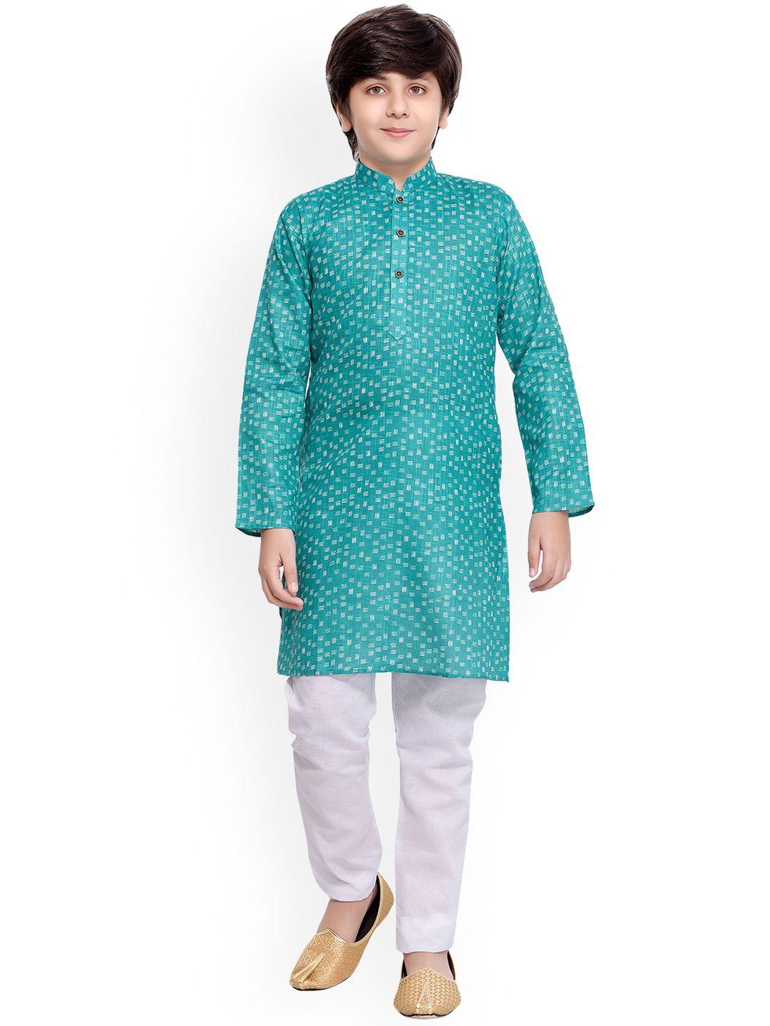 jeetethnics boys turquoise blue & white printed regular kurta with pyjamas