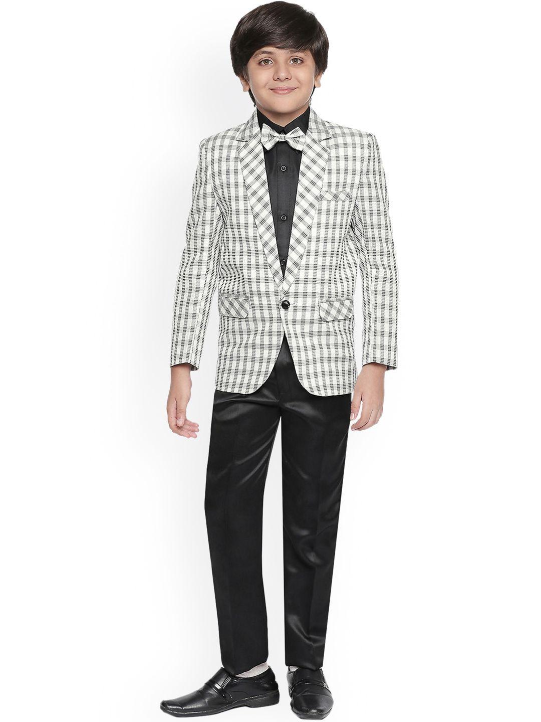 jeetethnics boys white & black checked 3-piece single-breasted partywear suit