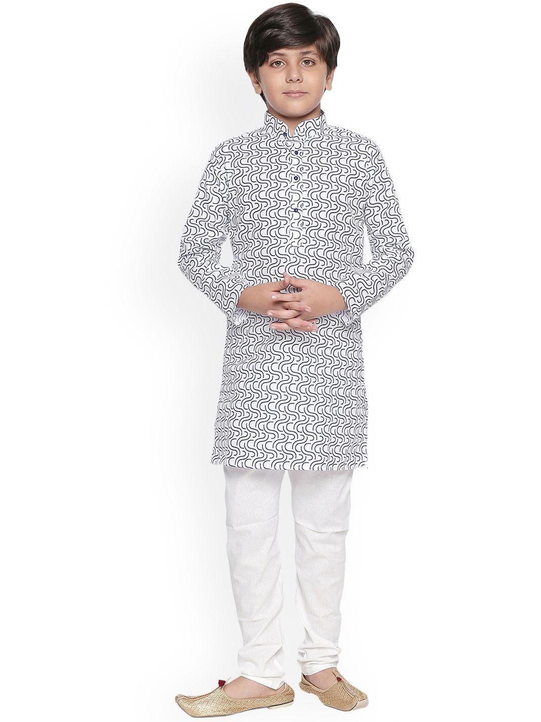 jeetethnics boys white & blue printed kurta with pyjamas