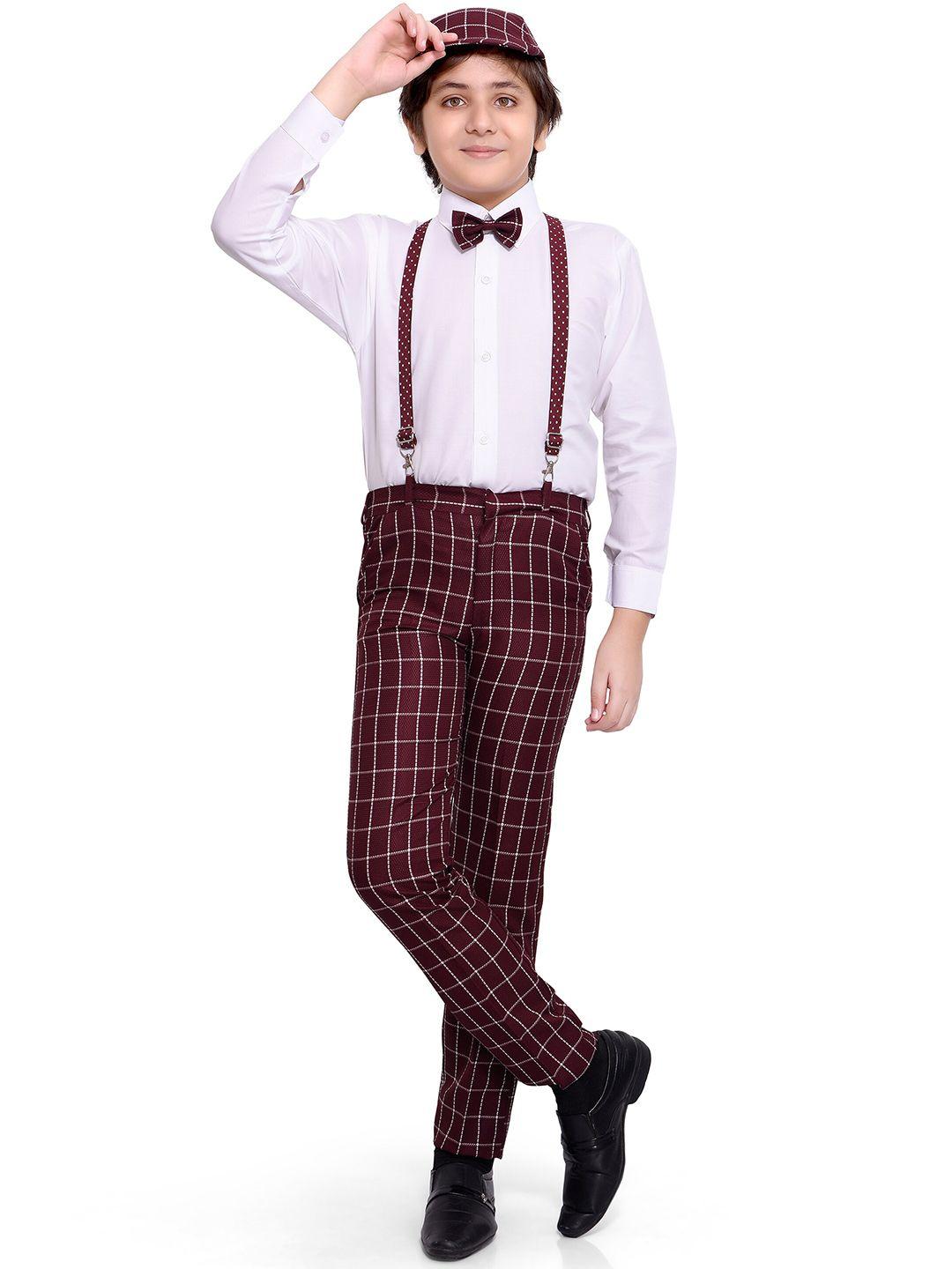 jeetethnics boys white & maroon solid shirt with trousers & suspenders
