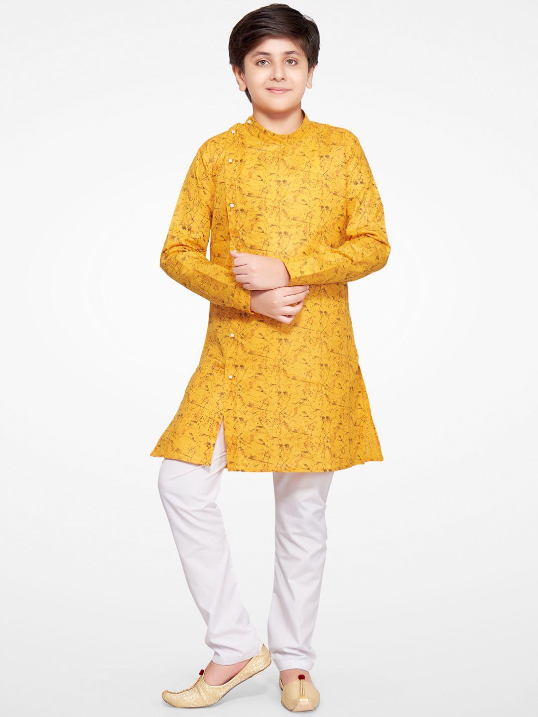 jeetethnics boys yellow floral printed angrakha kurta with pyjamas