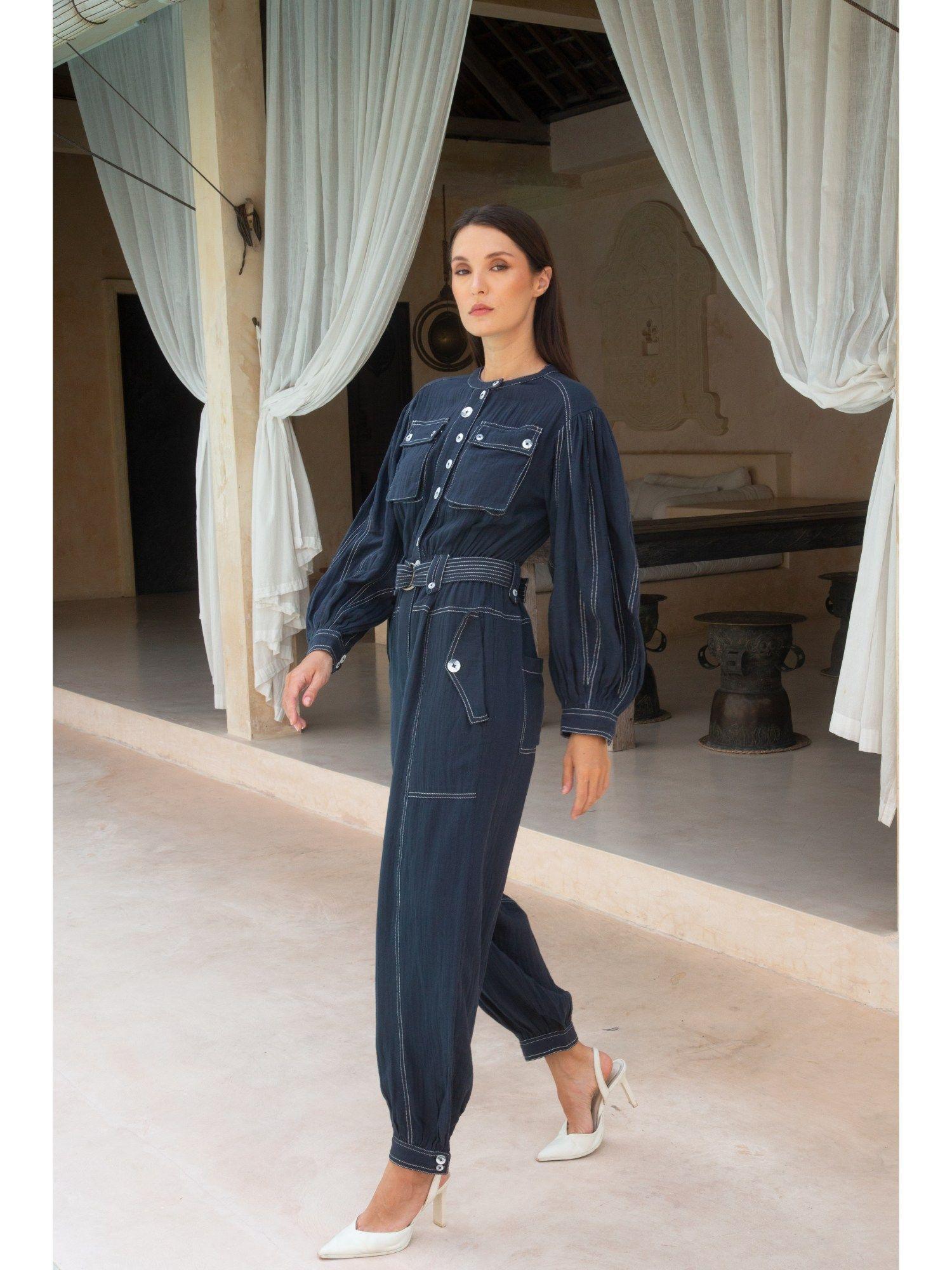 jenna navy blue jumpsuit with belt (set of 2)