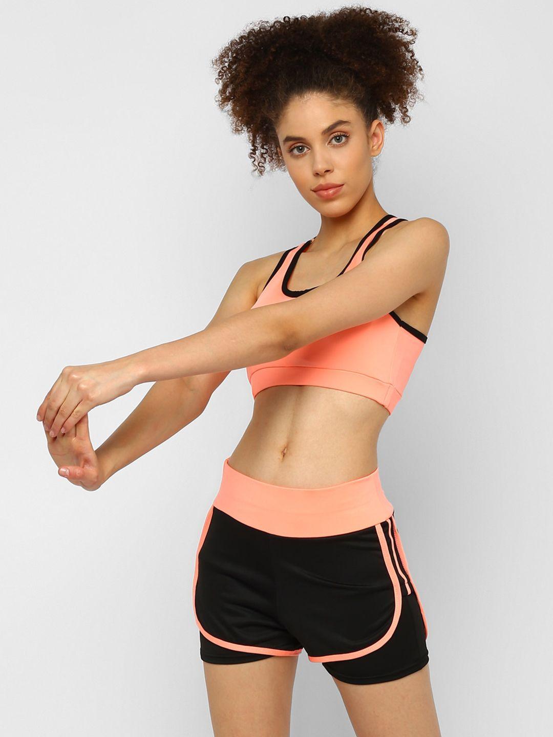 jerfsports women coral orange & black solid sports bra with shorts tracksuit