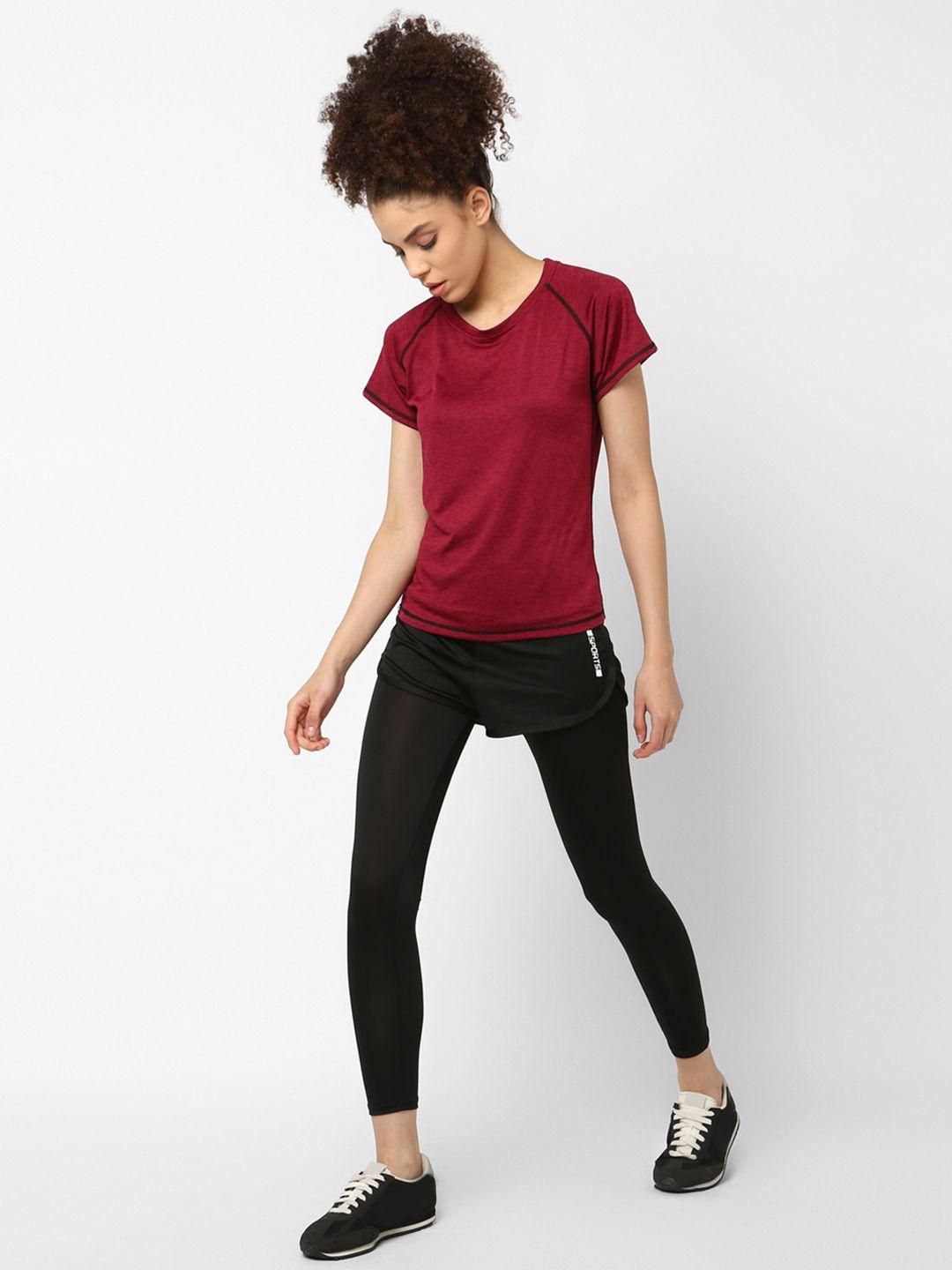 jerfsports women maroon & black solid t-shirt with shorts with attached tights tracksuit