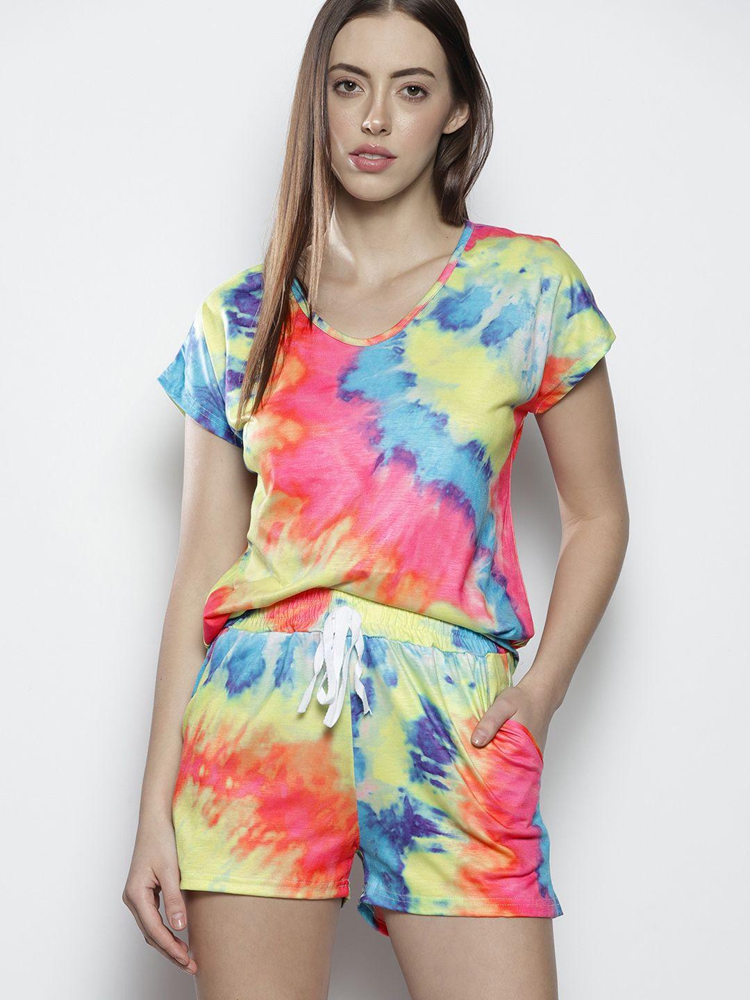 jerfsports women multicoloured dyed t-shirt & shorts set