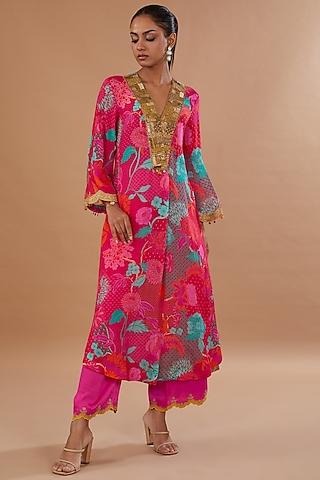 jester red crepe printed & embroidered kurta set