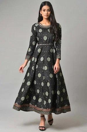 jet black printed kalidar embroidered dress