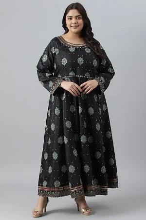 jet black printed kalidar embroidered plus size dress