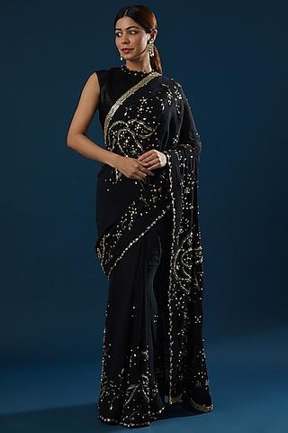 jet black embroidered saree set