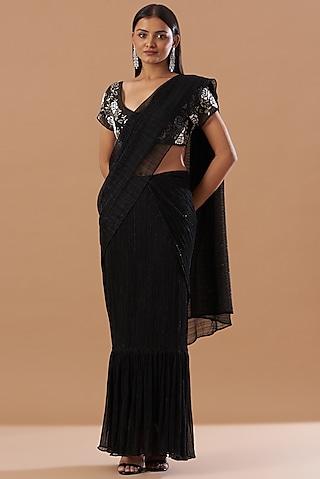 jet black pleated & draped saree set
