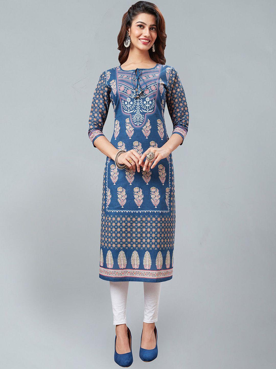 jevi prints floral printed tie up neck pure cotton kurta