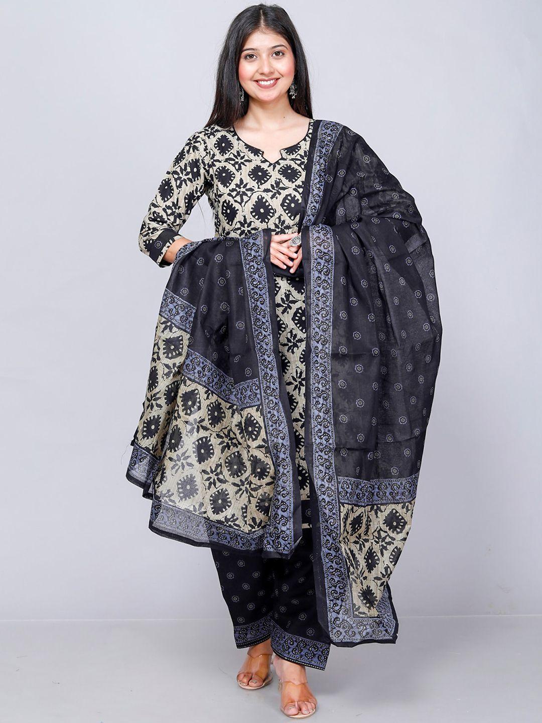 jevi prints women beige ethnic motifs printed regular pure cotton kurta with patiala & with dupatta