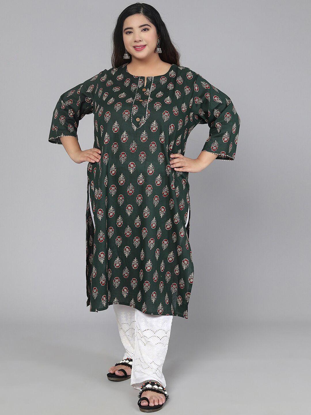 jevi prints women green & red ethnic motifs printed gotta patti plus size kurta