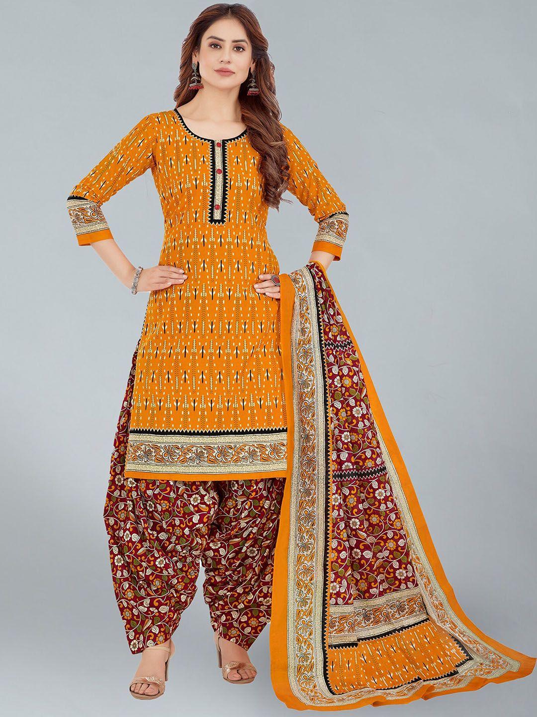 jevi prints women orange ethnic motifs printed regular pure cotton kurta with patiala & with dupatta