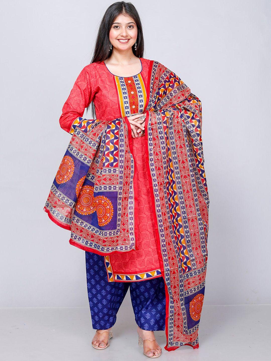 jevi prints women red ethnic motifs printed regular pure cotton kurta with patiala & with dupatta