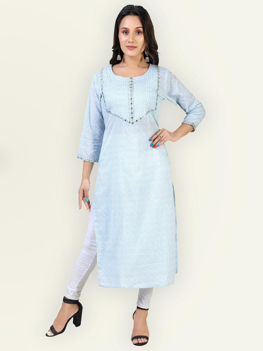 jevi prints women white & blue pure cotton chevron kurta