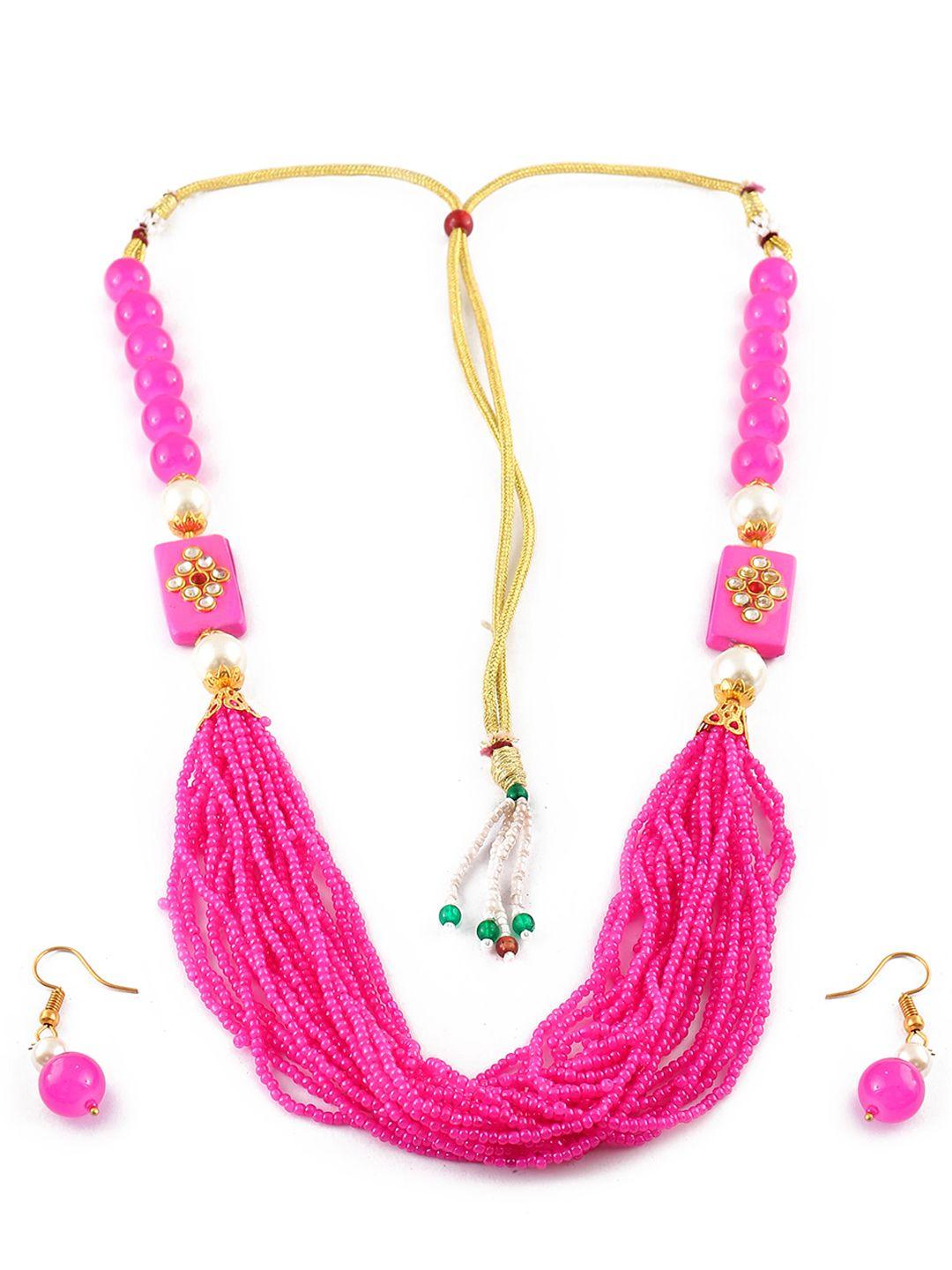 jewar mandi gold-plated & pink stone studded & beaded jewellery set