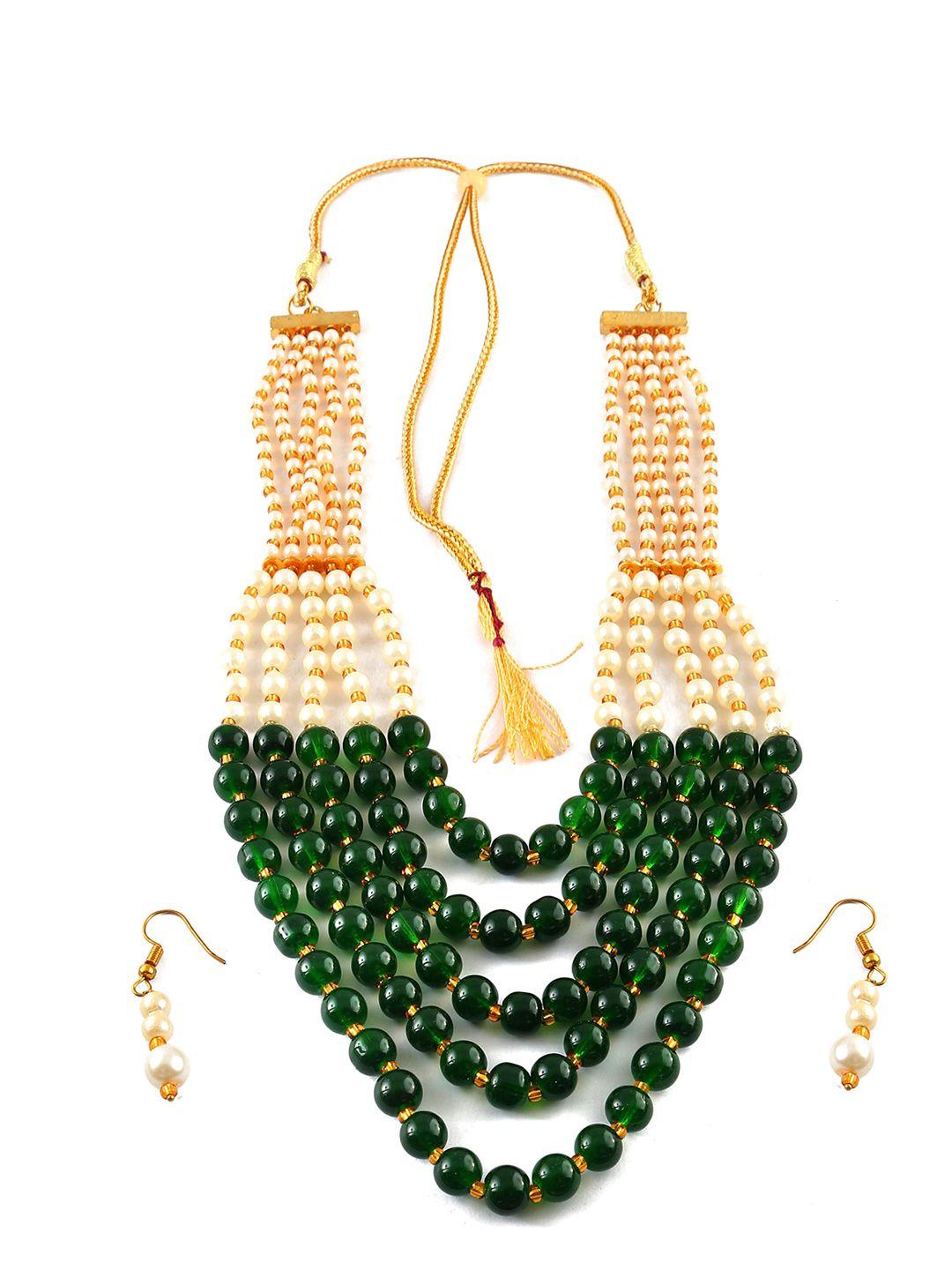 jewar mandi gold-plated green & white pearls studded & beaded jewellery set