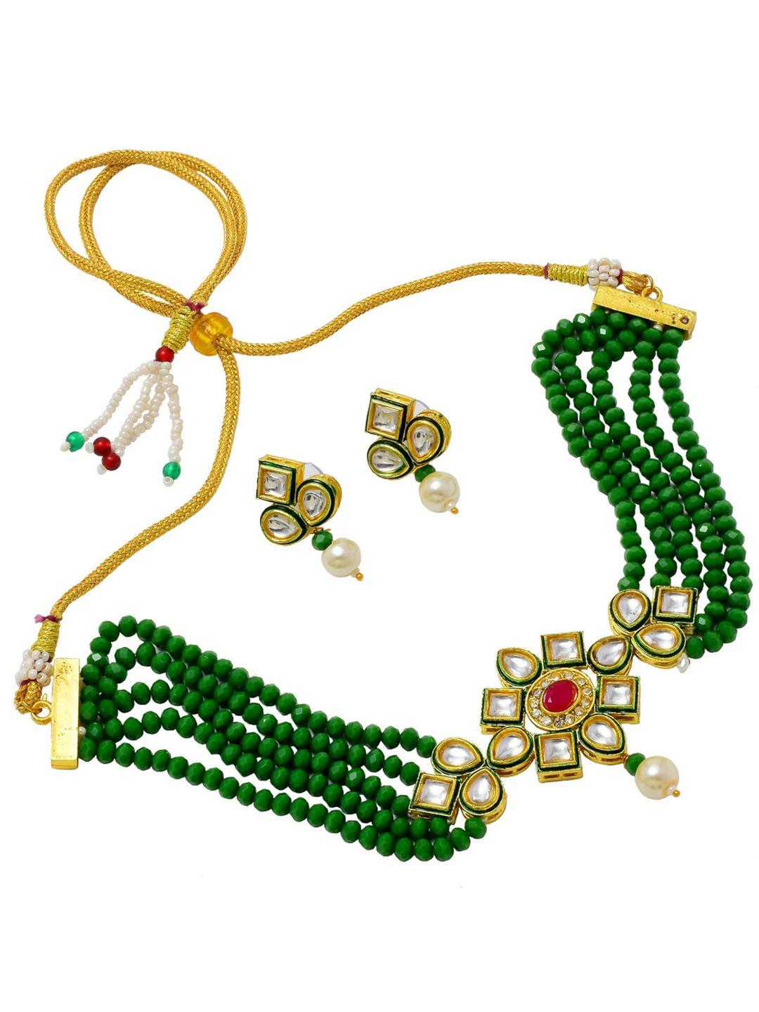 jewar mandi gold-plated green pearls beaded & white kundan stone-studded jewellery set