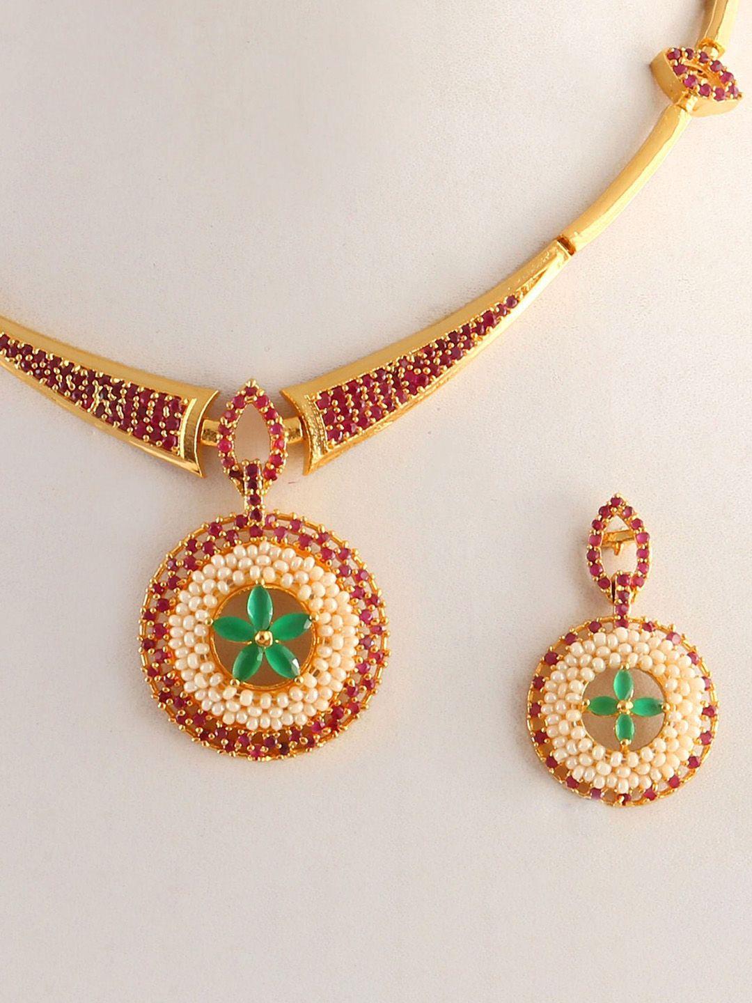 jewar mandi gold-plated red stone & pearl studded jewellery set